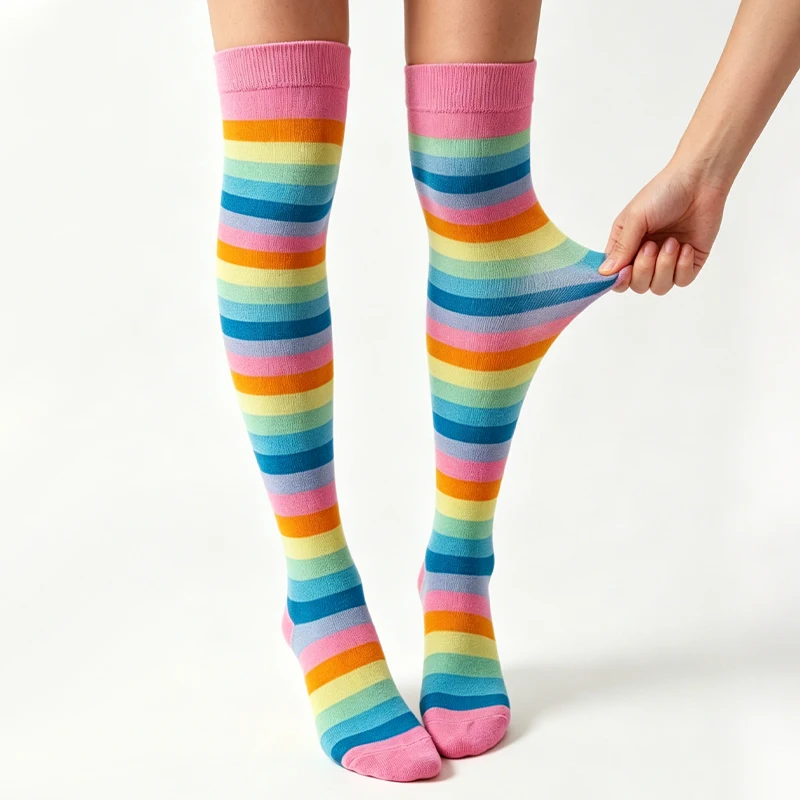 1-6Pairs Rainbow Striped Over Knee Socks Women Thigh High Stockings for Party Performance Halloween Cosplay Long Legwears