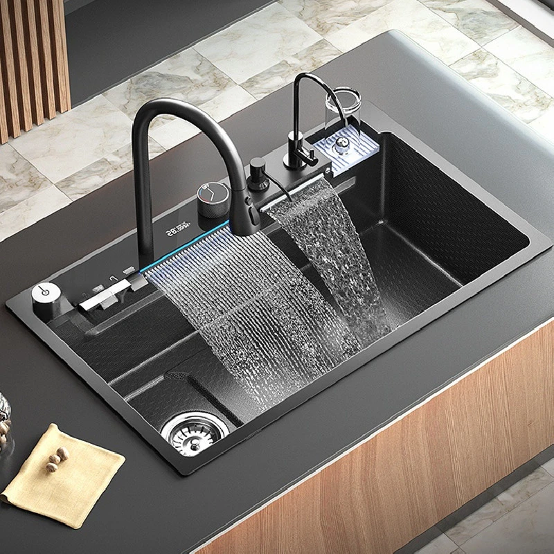 New Waterfall Kitchen Sink Stainless Steel Digital Display Large Single-Slot Multifunctional Kitchen Sinks with Two Waterfall