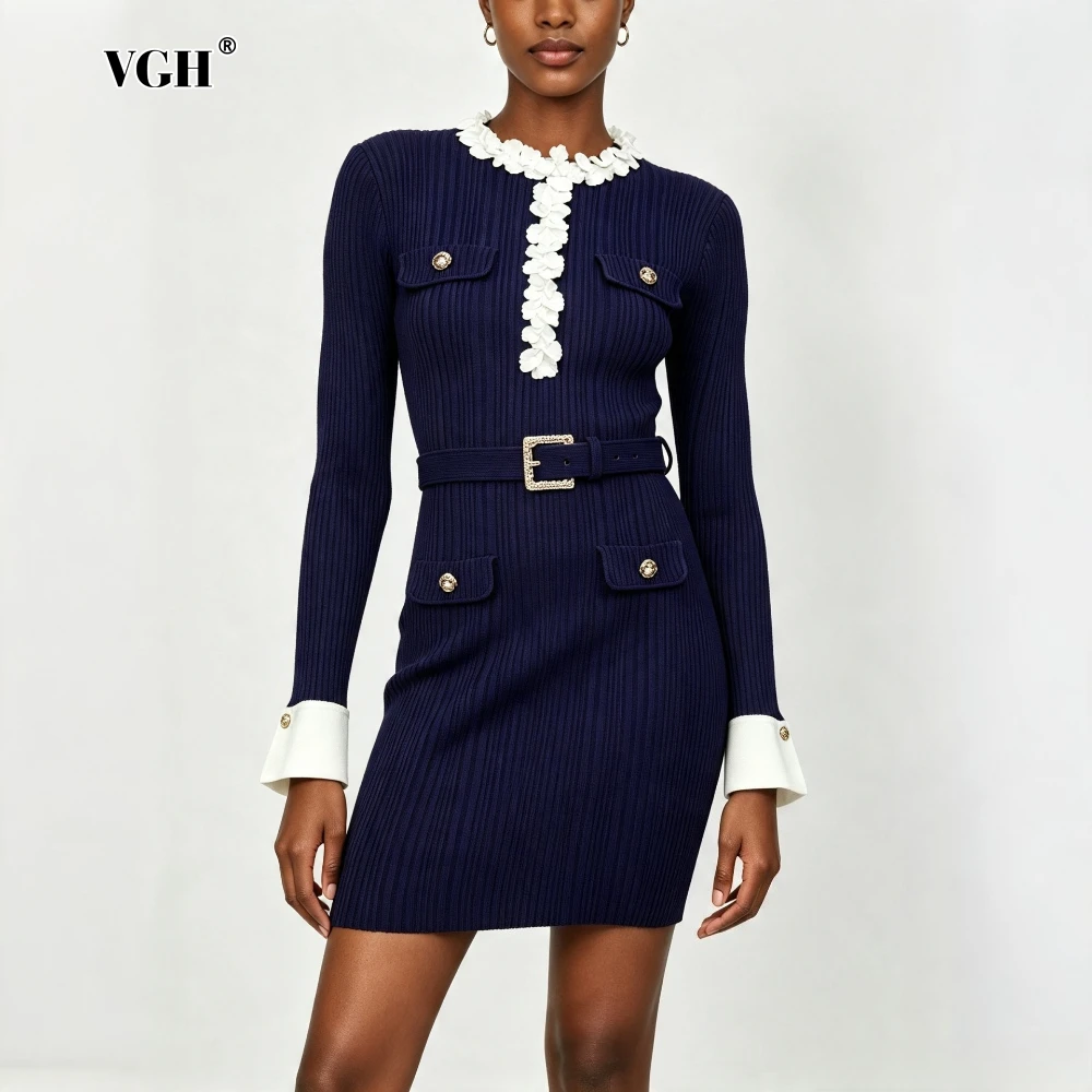 VGH Chic Knit Mini Women Dresses Round Neck Long Sleeve Buttons Elegant Loose Dress for Cocktail Party Summer Fashion Style New