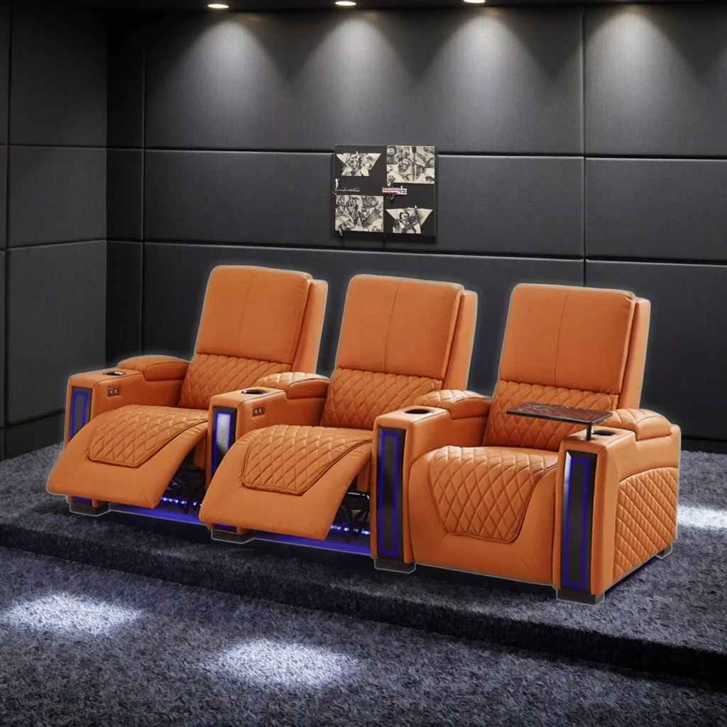 Luxury Genuine Leather Recliner Seat For Living Room VIP Home Theater Cinema Extendable Modern Design Wood Frame Sofa
