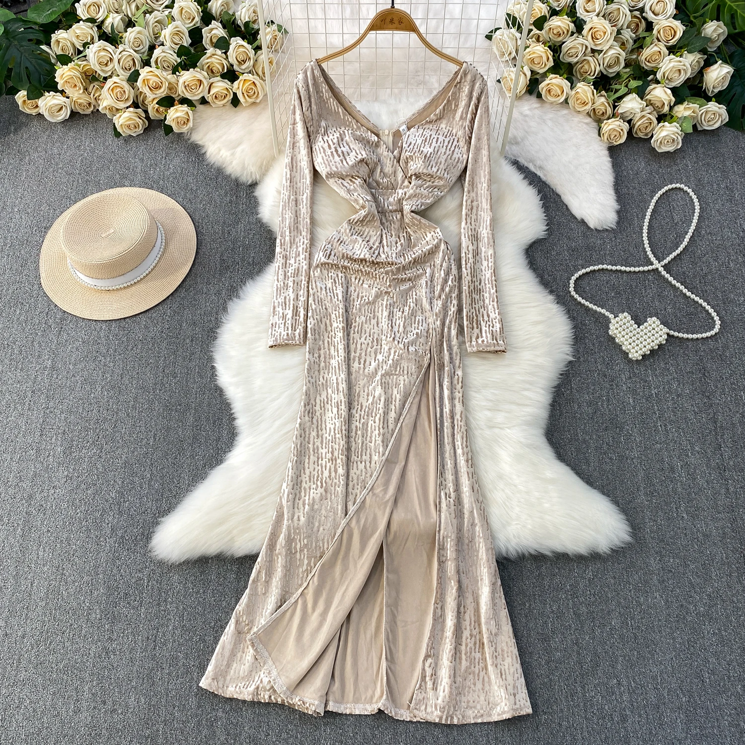 Chic vintage velour slim long sleeve Elegant Fairy korean fashion autumn Sundress women clothing