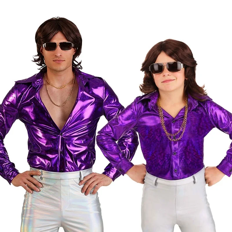 

Halloween Hippies Costume for Adult Kids Vintage 1970s Disco Stage Performance Dancing Purple Shirt Singer Cosplay Carnival