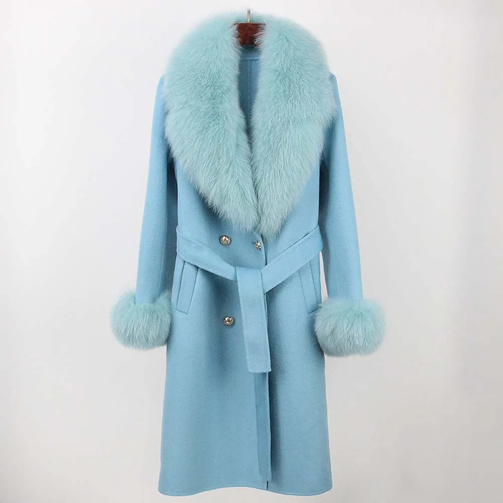 เสื้อโค้ทขนสัตว์แท้แฟชั่นใหม่ ฤดูหนาว 2025 แจ็คเก็ตยาวสำหรับผู้หญิง ผสมขนสัตว์ธรรมชาติและแคชเมียร์ กระดุมสองแถว มีเข็มขัด ให้ความอบอุ่น สไตล์สตรีทแวร์