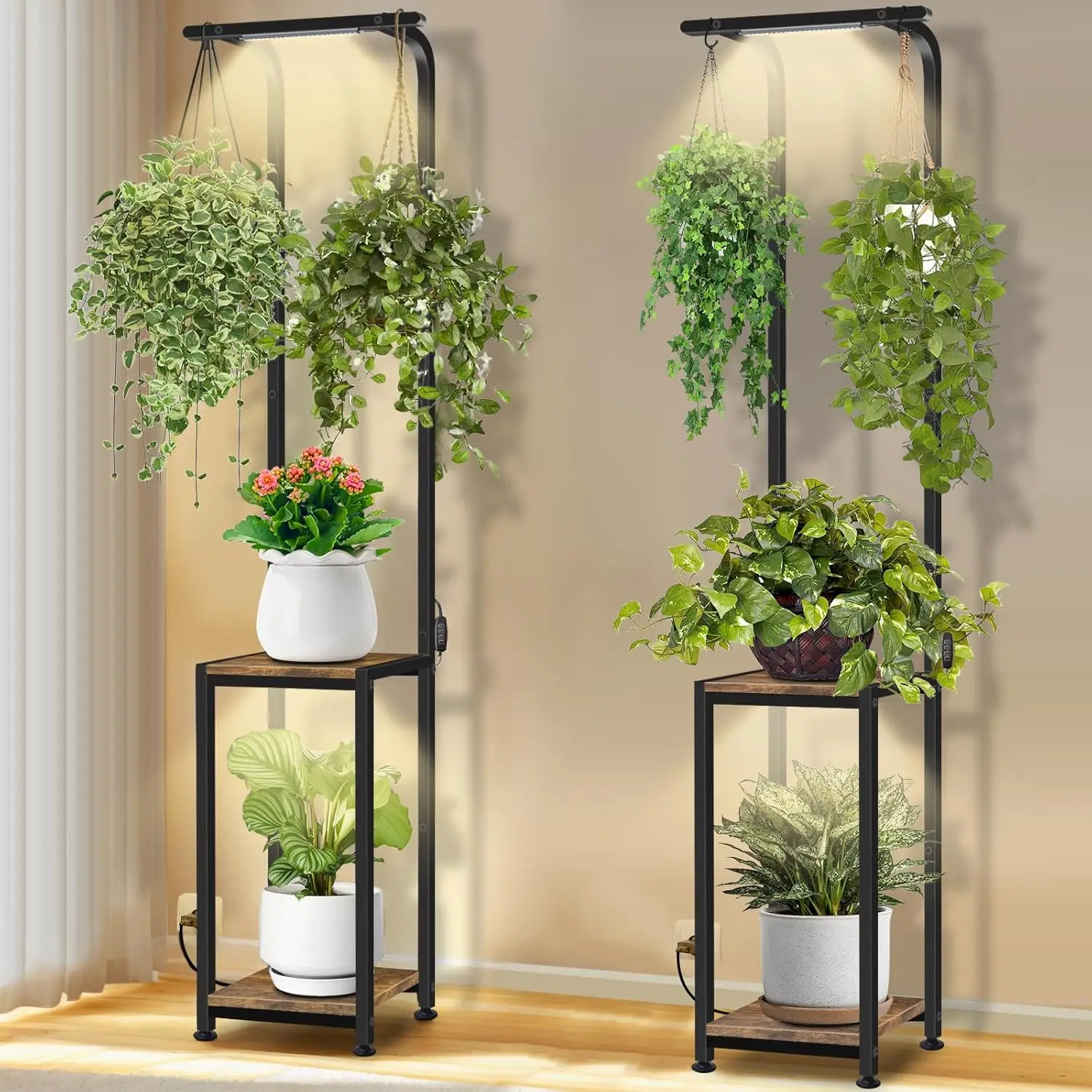 65'' Tall Plant Stand with Grow Light, 2 Pack Hanging Shelves for Indoor Plants, Living Room, Bedroom