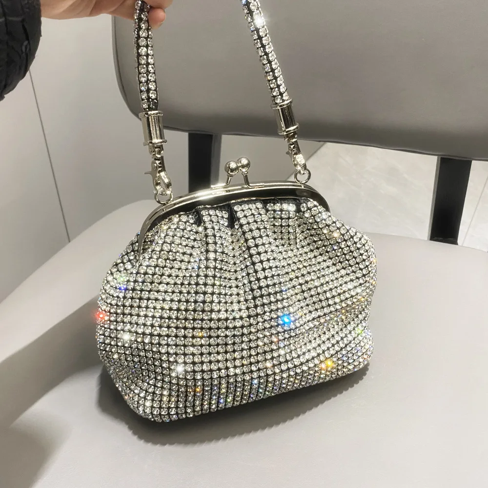 Bolso de noche con asa de diamantes de imitación, monederos y bolsos de diseñador de lujo, cristal brillante, bolso de mano nupcial, bolso de cubo, bolsos de hombro