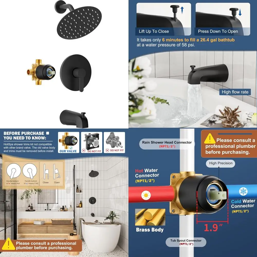 مجموعة صنبور دش بمقبض واحد باللون الأسود غير اللامع مع رأس دش مطري معدني مقاس 8 بوصات وصنبور حوض الاستحمام للحمامات الحديثة