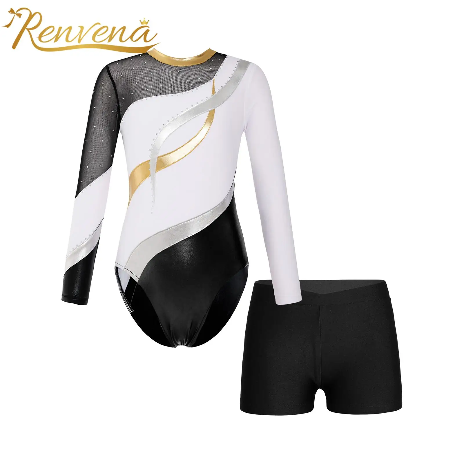 

Kids Girls Long Sleeve Ballet Outfit Skating Gymnastics Leotard with Shorts Dancewear Sets for Dance Competition Teens Sets