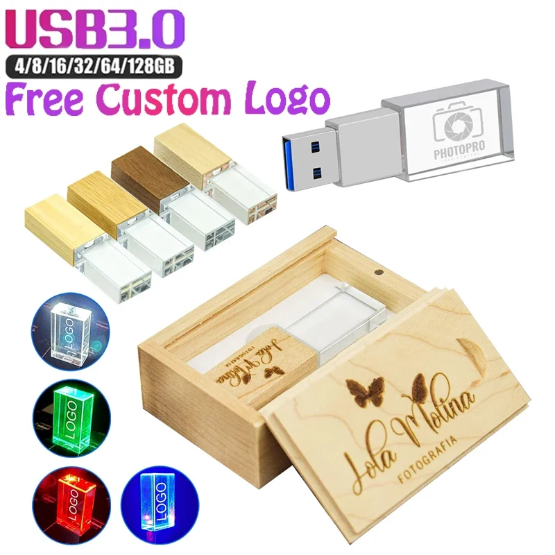 

Crystal Wooden USB Flash Drive 3.0 Pendrive 4GB 8GB 16GB 32GB 64GB 128GB Pen Drive Wedding Gift Custom Logo Products with Box