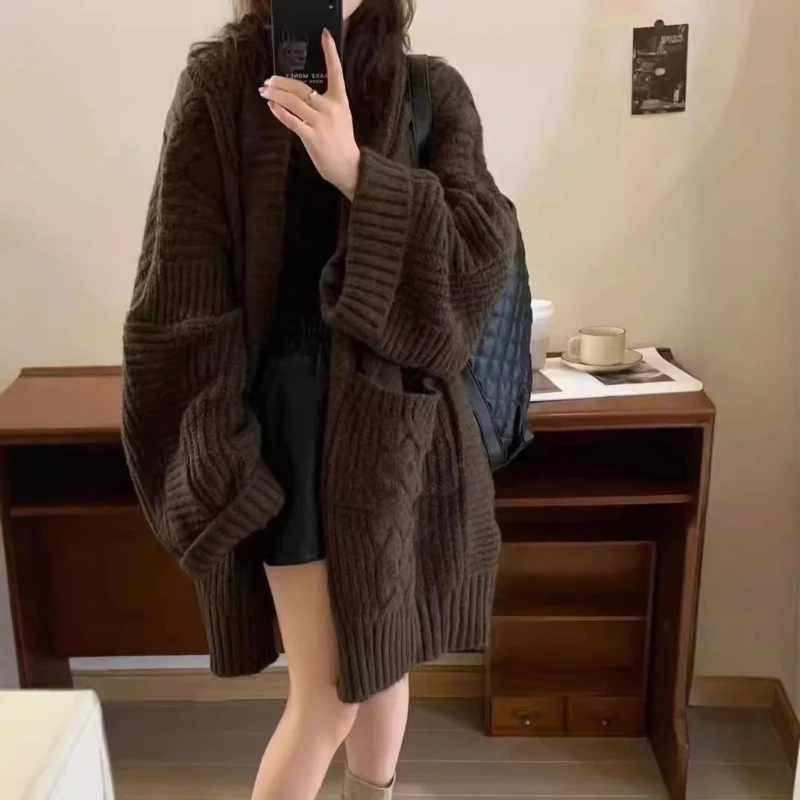 2024 Autumn Winter Women New Arrival Lazy Style Loose Knit Open Front Coat Color-blocked Thick Comfortable Casual Long Cardigan