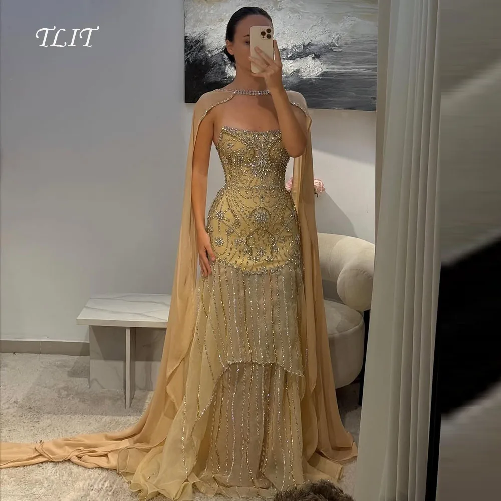 

TLIT Блестящие атласные многоярусные вечерние платья трапециевидной формы по индивидуальному заказу فساتين سهرة без бретелек с кристаллами и шифоновой шалью для выпускного вечера