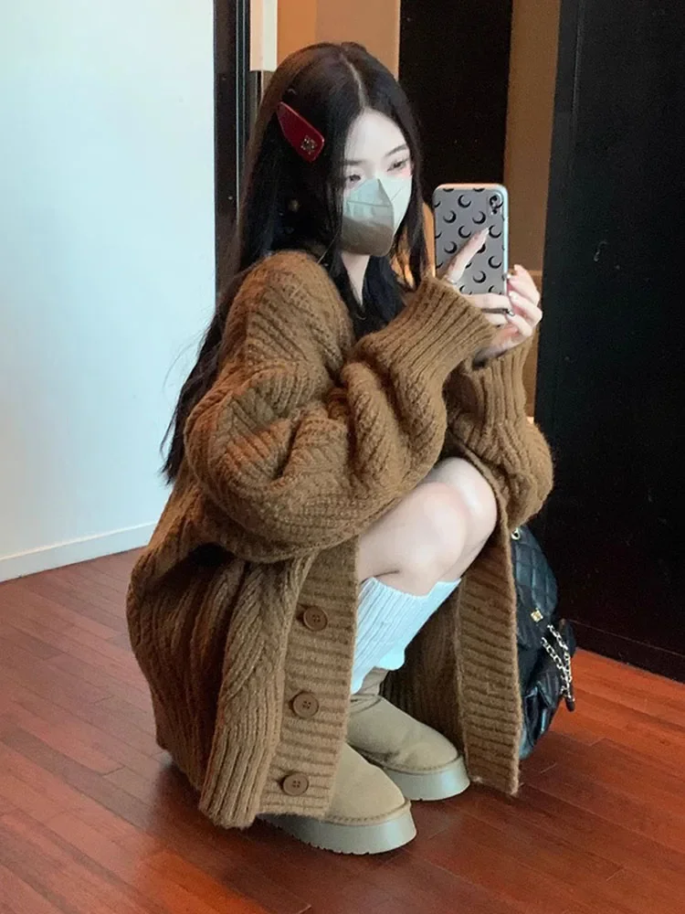 Chunky Knit Cardigan Sweaters Women Oversize Long Sleeve Button Up Cable Knitted Coat Fall Winter Loose Korean Fashion Outfit