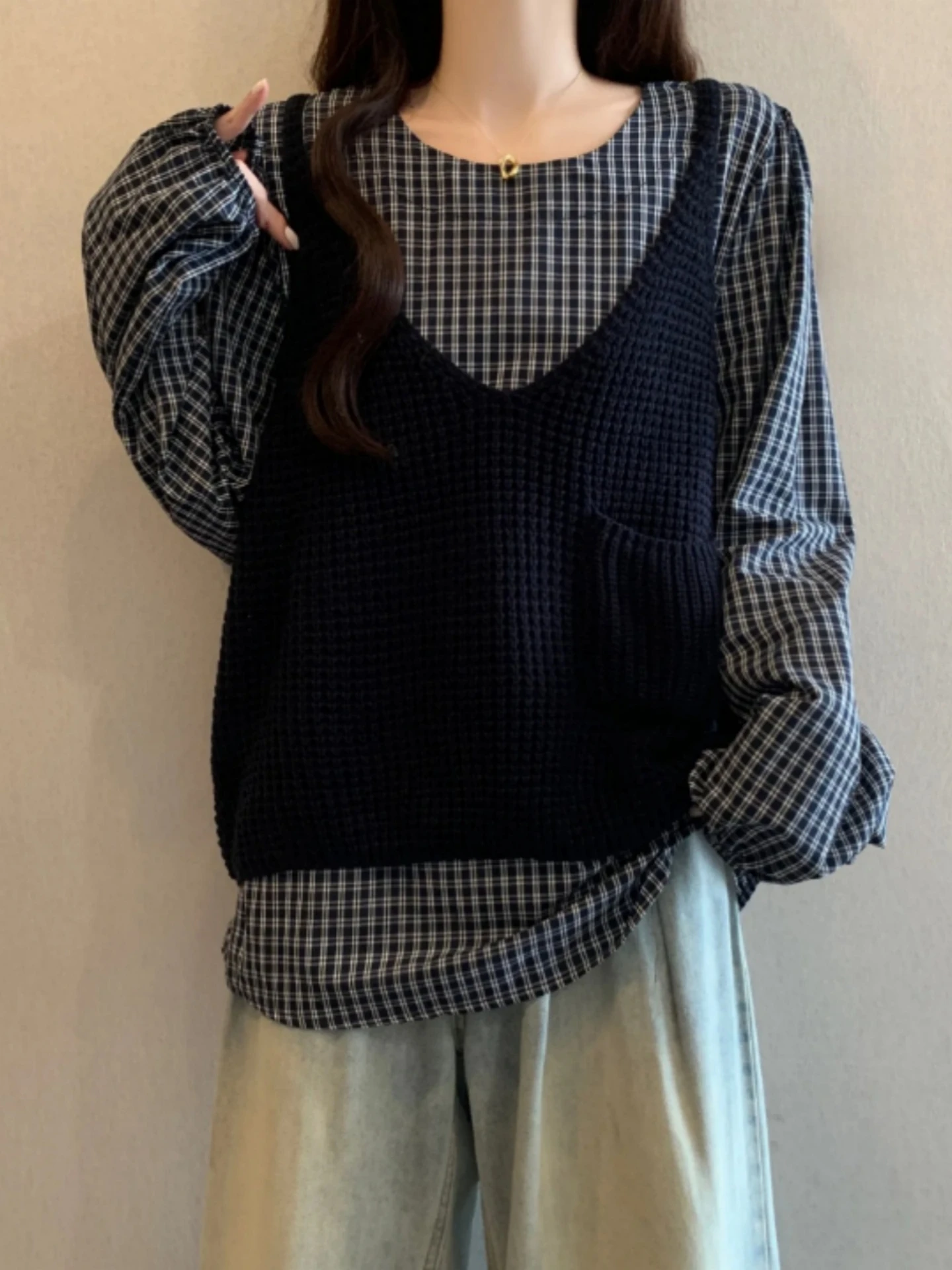 

Spring Autumn Women's plus Size Knitted Tank Top And Plaid Shirt Two-Piece Set Layering Clothing Korean Style Commute Fashion
