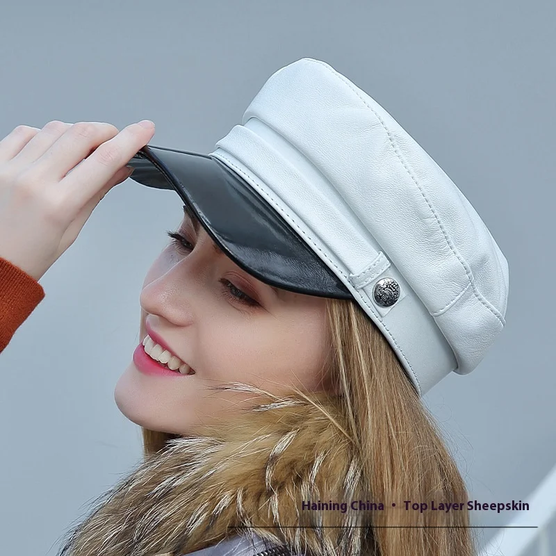

Берет из натуральной кожи для женщин, осенне-зимняя модная универсальная новая стильная шляпа из овчины с утконосом, повседневная кепка с плоским верхом