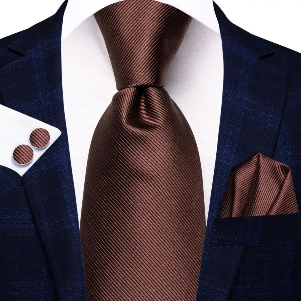 Solid Coffee Brown Silk Wedding Tie For Men Gift Mens Necktie Handky Cufflink Fashion Business Party Dropshiping Hi-Tie Designer