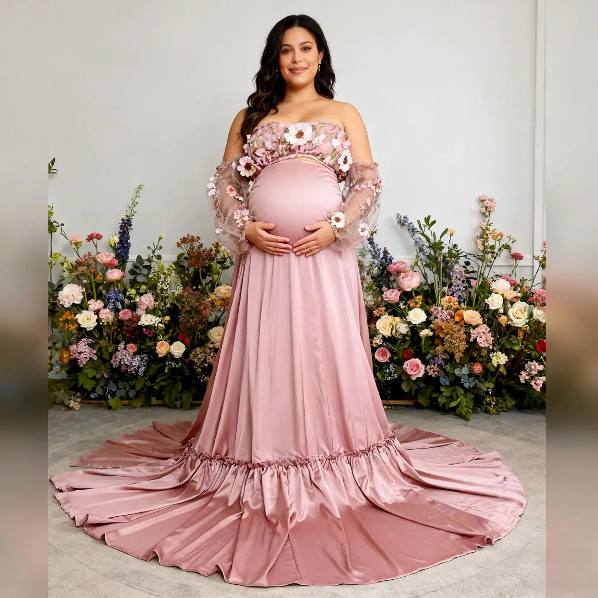 

Don&Judy Flower Embroidery Dress For Pregnant Woman Baby Shower Dress Woman Gown Two Pieces Set Clothing
