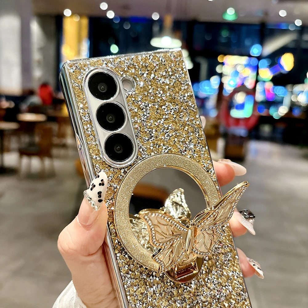Luxury Hard PC Electroplated Frame Phone Cover for Samsung Galaxy Z Fold 7 6 5 4 Case with Butterfly Bracket