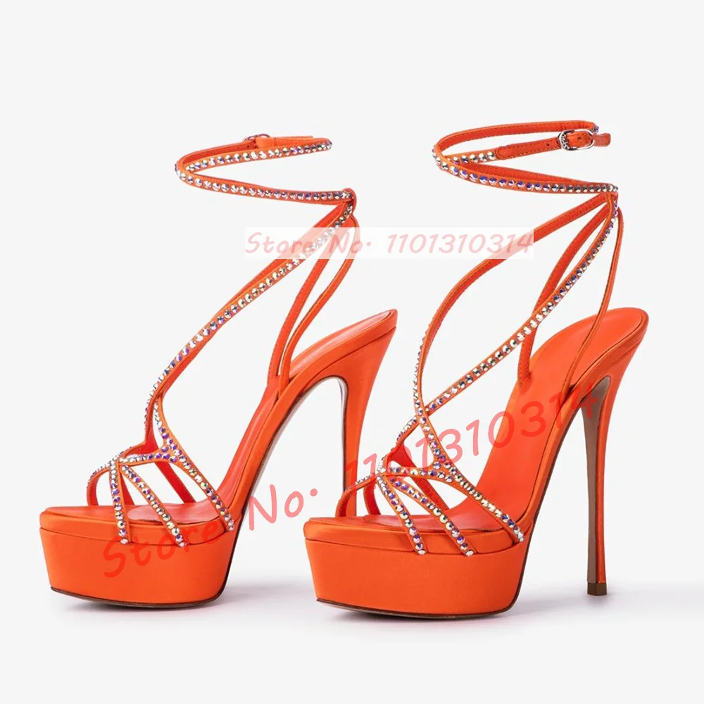 Iridescent Thin Straps Platform Sandals Women Crystals Decor 2024 Summer Luxury Stiletto High Heels Shiny Cross Strap Satin Shoe