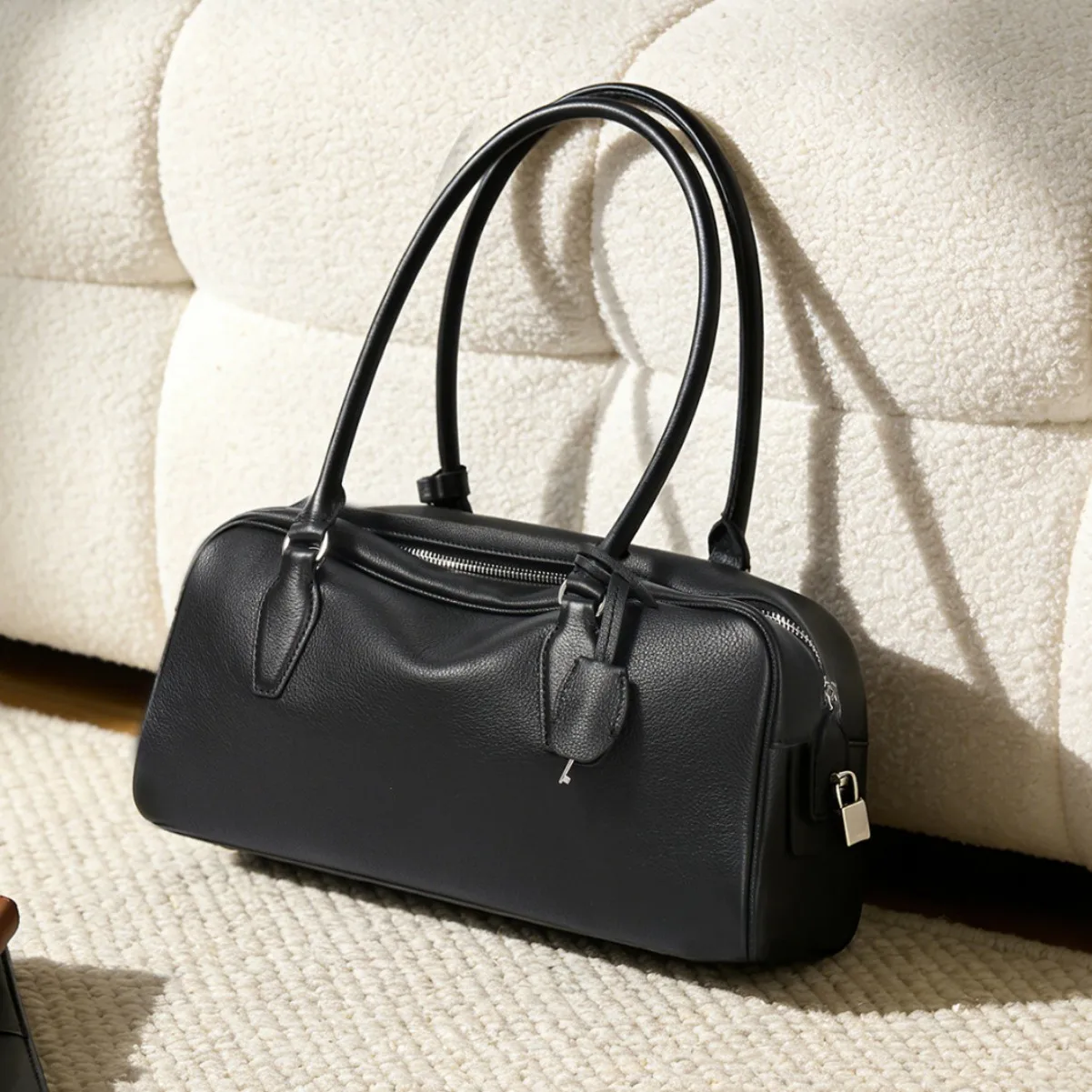 

Genuine Leather Bowling Bag with Long Handle, Niche Luxury Crossbody Handbag, Versatile Top-Handle Purse