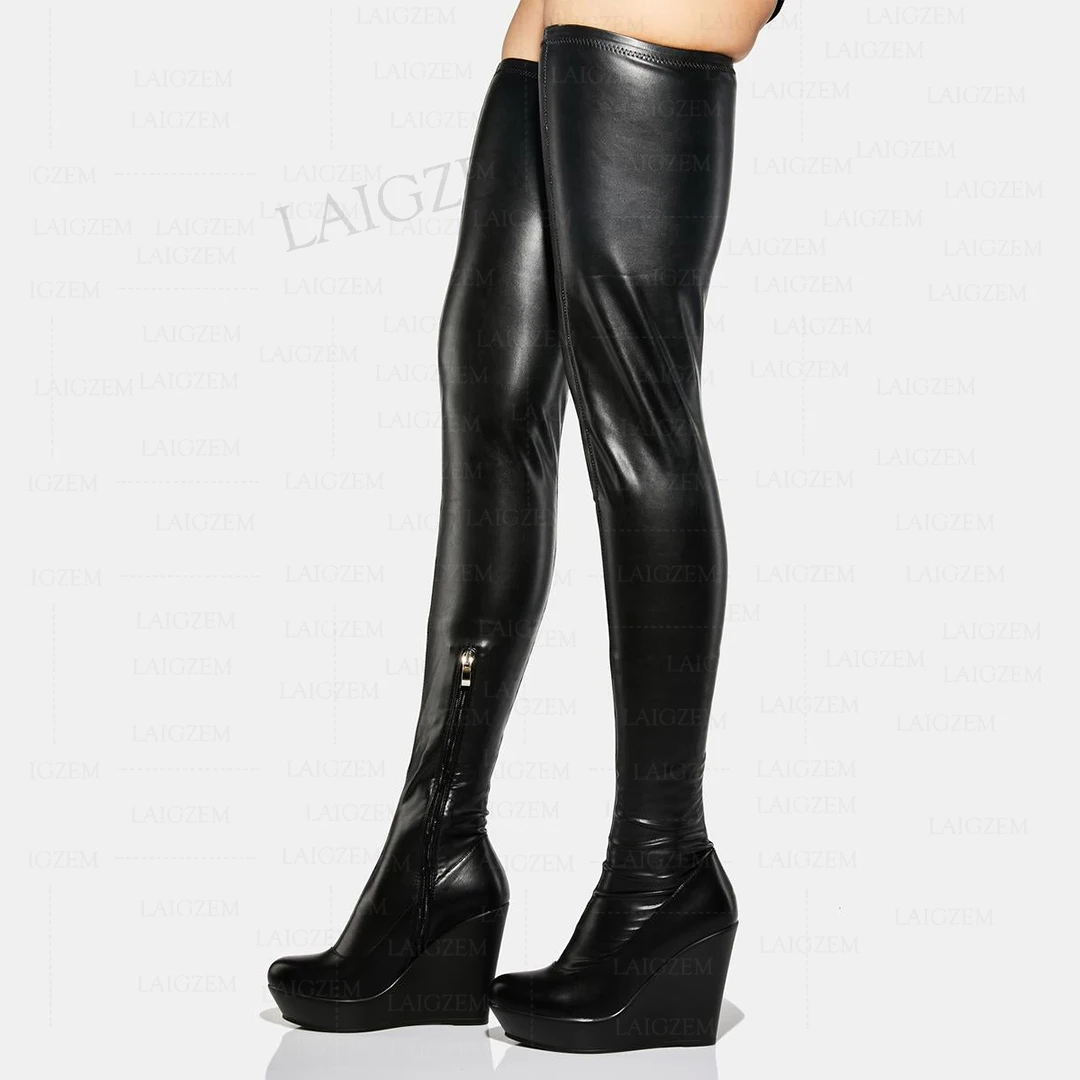 SEIIHEM Women Thigh High Boots Elastic Side Zip Up Platform Wedges Faux Leather Over Knee Boots Shoes Woman Big Size 42 45 48