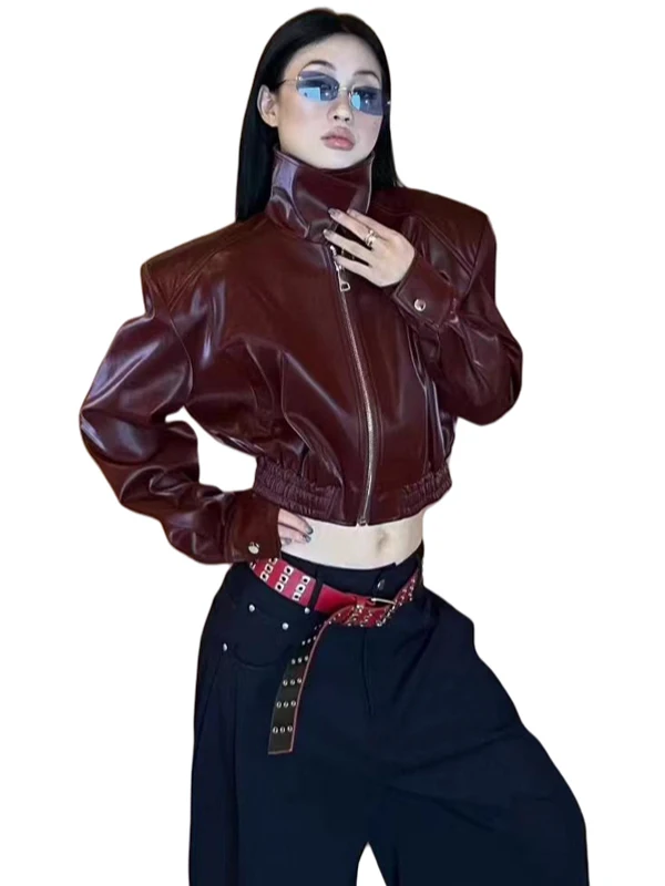 Jaqueta Feminina de Couro PU Vermelha com Zíper, Cintura Ajustável, Estilo Solto para Primavera
