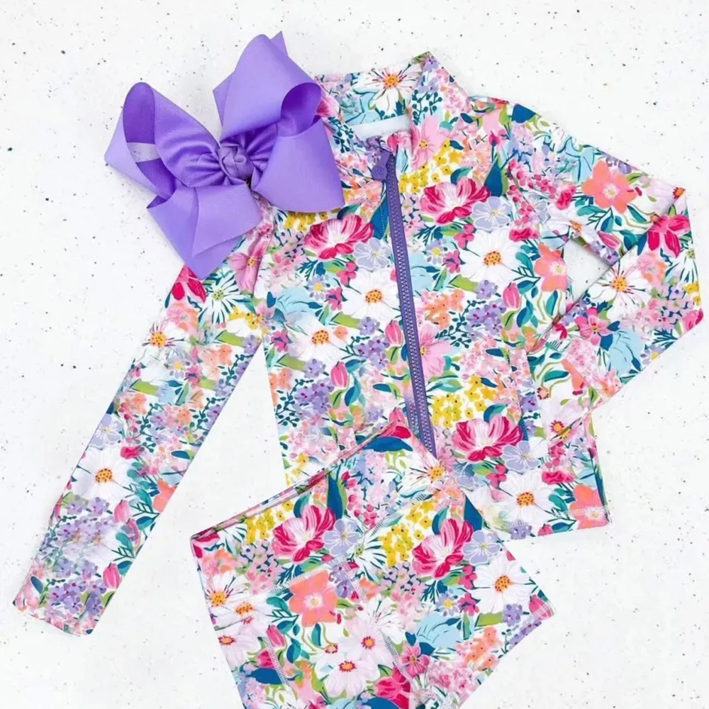

Baby Girls Pink Lavender Floral Zipper Pockets Jacket And Shorts Set Long Sleeve Top with Pockets Yoga Active Outfit for Kids