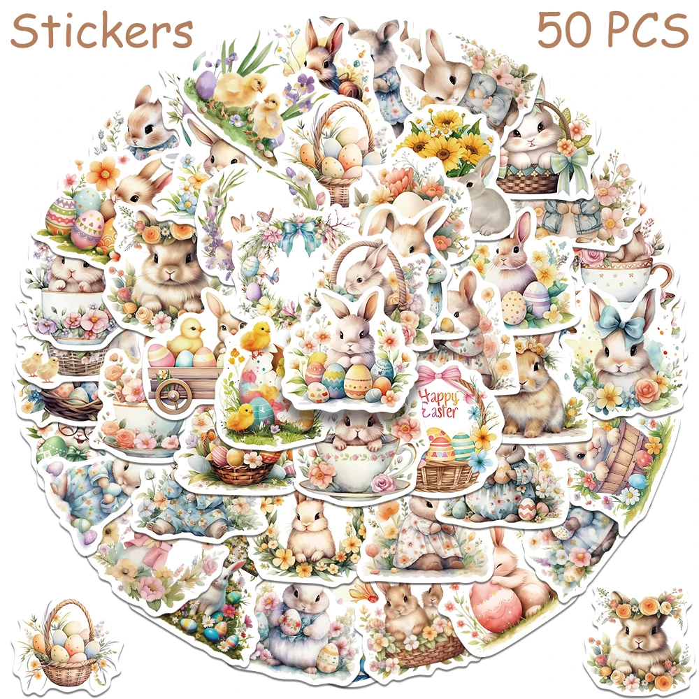 50 stks Cartoon Paasei Bunny Stickers Voor Telefoon Laptop Plakboek DIY Graffiti Esthetische Waterdichte Stickers Creatieve Geschenken