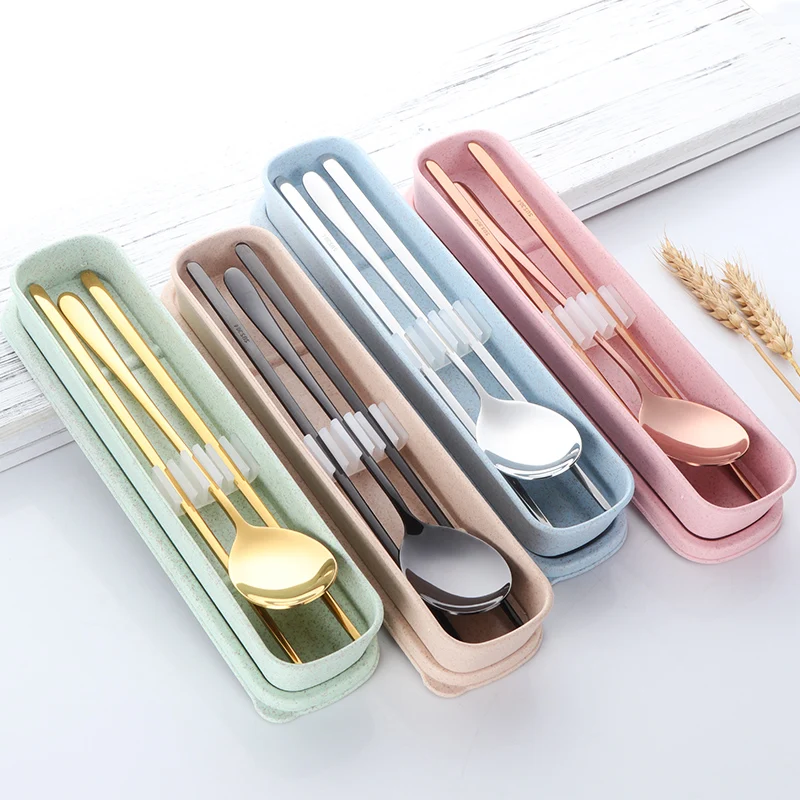 18/8 Korean Stainless Steel Food Chopsticks Spoon Set Long Handle Flat Non-Slip Chopsticks Dessert Spoon Dinnerware Set With Box