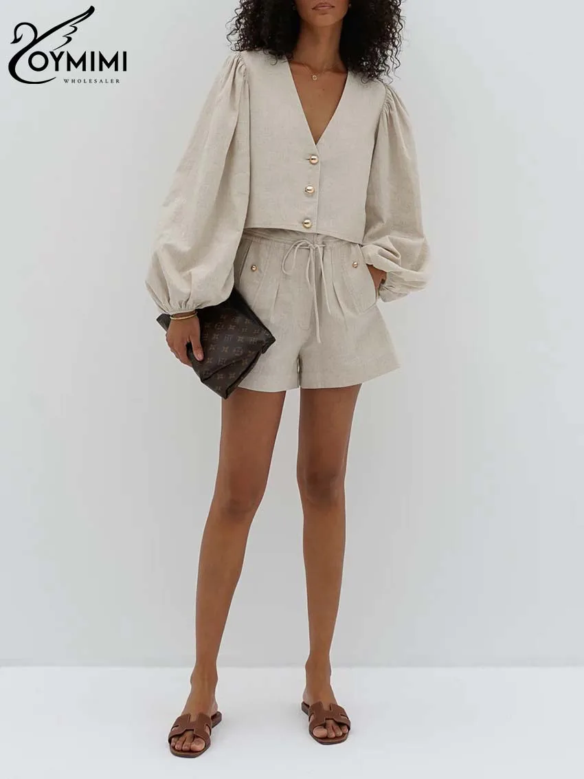Oymimi eleganckie khaki 2 częściowe zestawy strój damski moda dekolt w serek z długim rękawem koszule z guzikami i spodenki ze sznurkiem zestawy Streetwear
