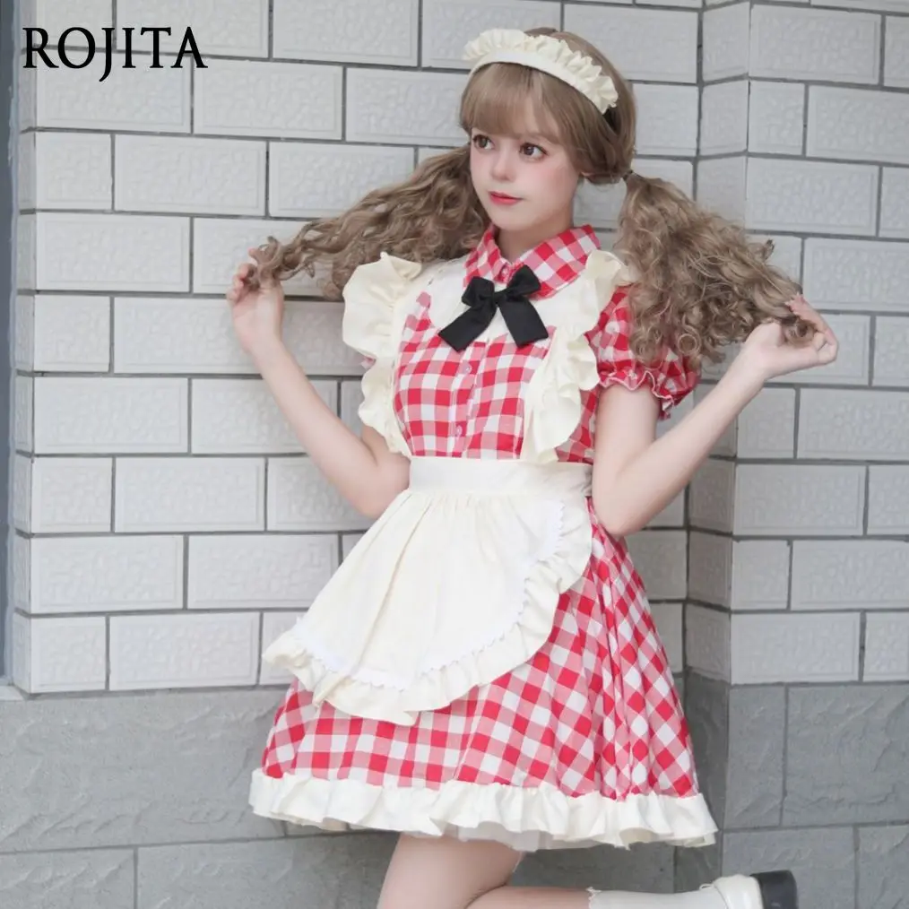

5XL Japanese Lolita Dress Sets Short Plaid Maid Costume Maid Outfit COS Anime Uniform Cute Dress + Apron + Headwear + Bowknot
