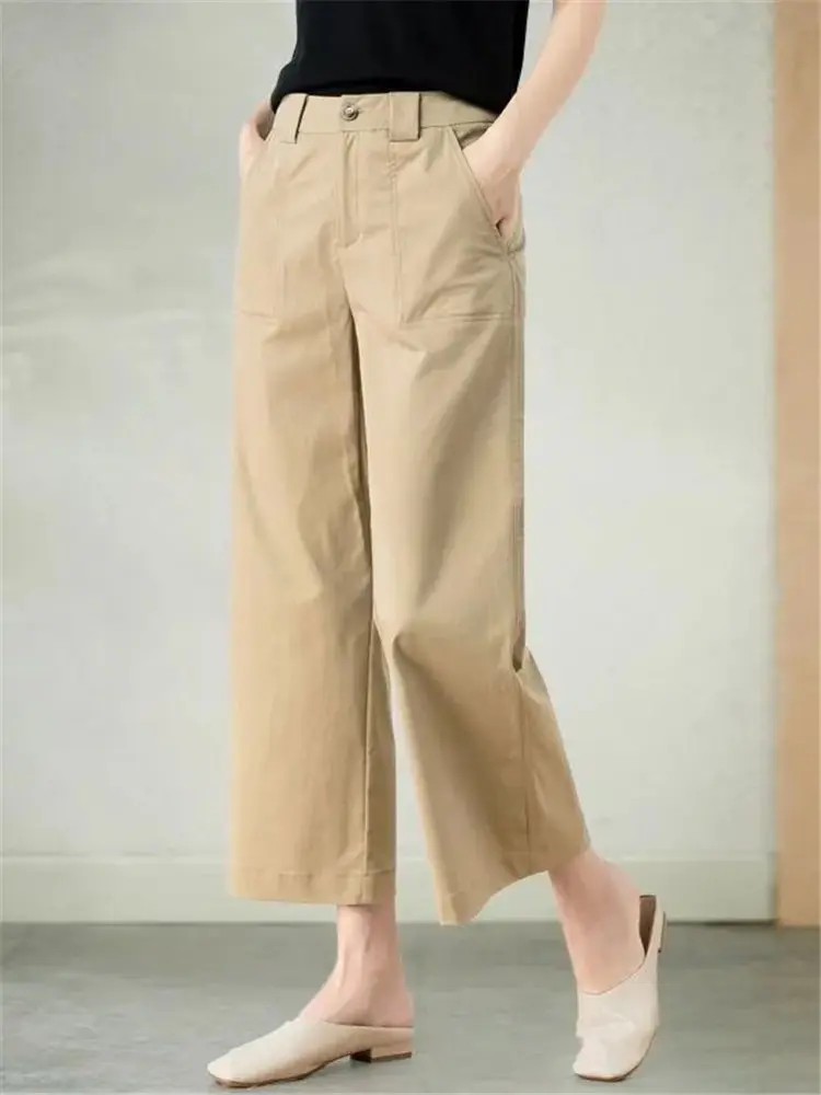 Zomer katoenen wijde pijpen broek casual hoge taille losse afslankende kleine maat rechte damesbroek trendy Koreaanse Sle
