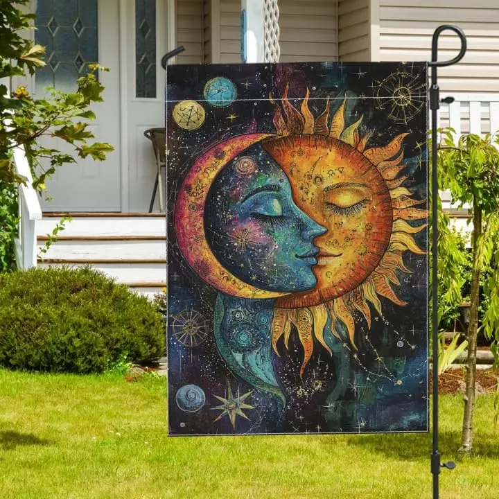 Celestial Sun and Moon Garden Flag, Vibrant Cosmic Home Decor Yard Flags, Double Sided Artsy Style Outdoor Lawn Decoration,  UUN
