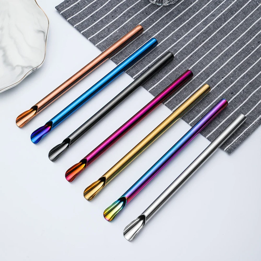6Pcs Stainless Steel Straw Reusable Pearl Milkshake Bubble Tea Straws with Brush Stirring Smoothie Spoon Shaped Straw Set