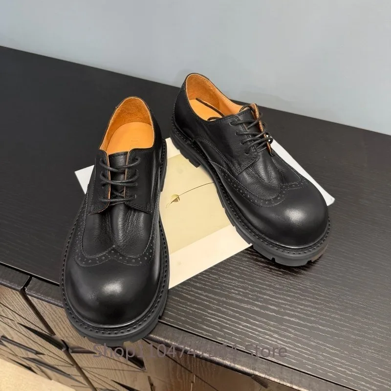 British Style Brogue Carved Round Toe Men's Shoes Casual Thick Sole Height Increasing Formal Business Genuine Leather Shoes Male