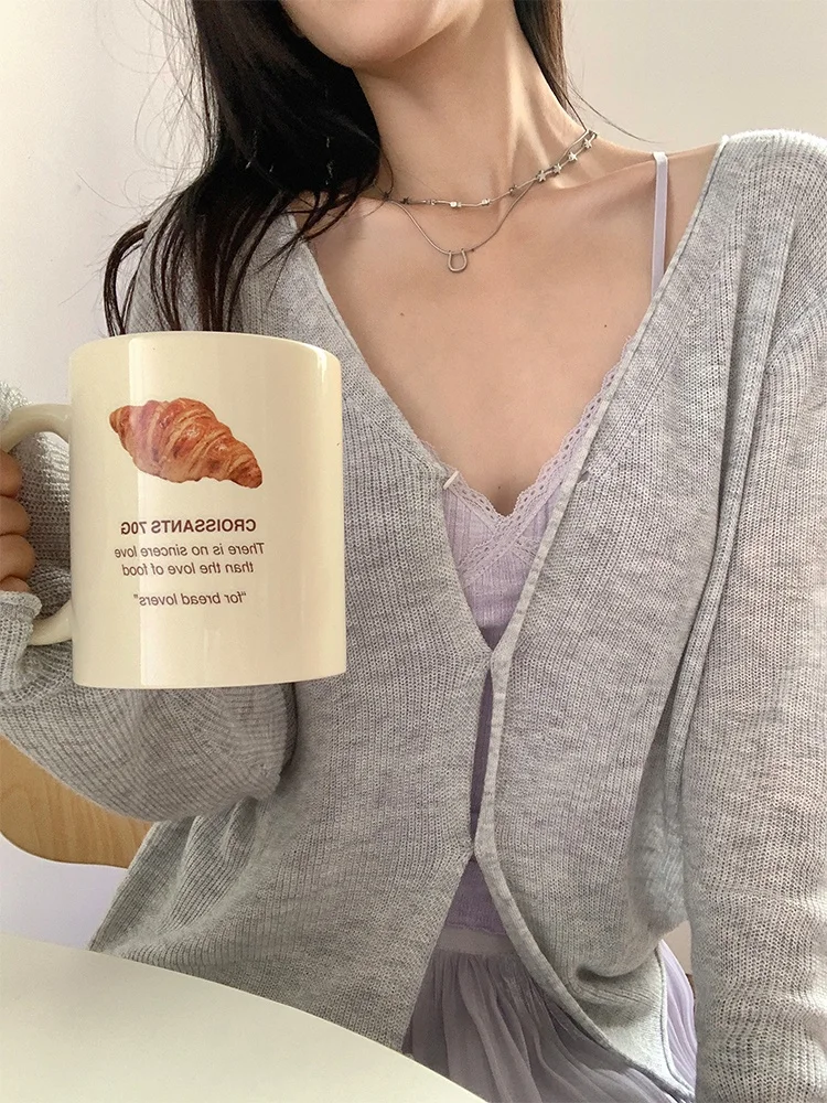 

Серый тонкий вязаный кардиган в корейском стиле для женщин, с защитой от солнца, V-образным вырезом, длинными рукавами, стандартного кроя, весенний