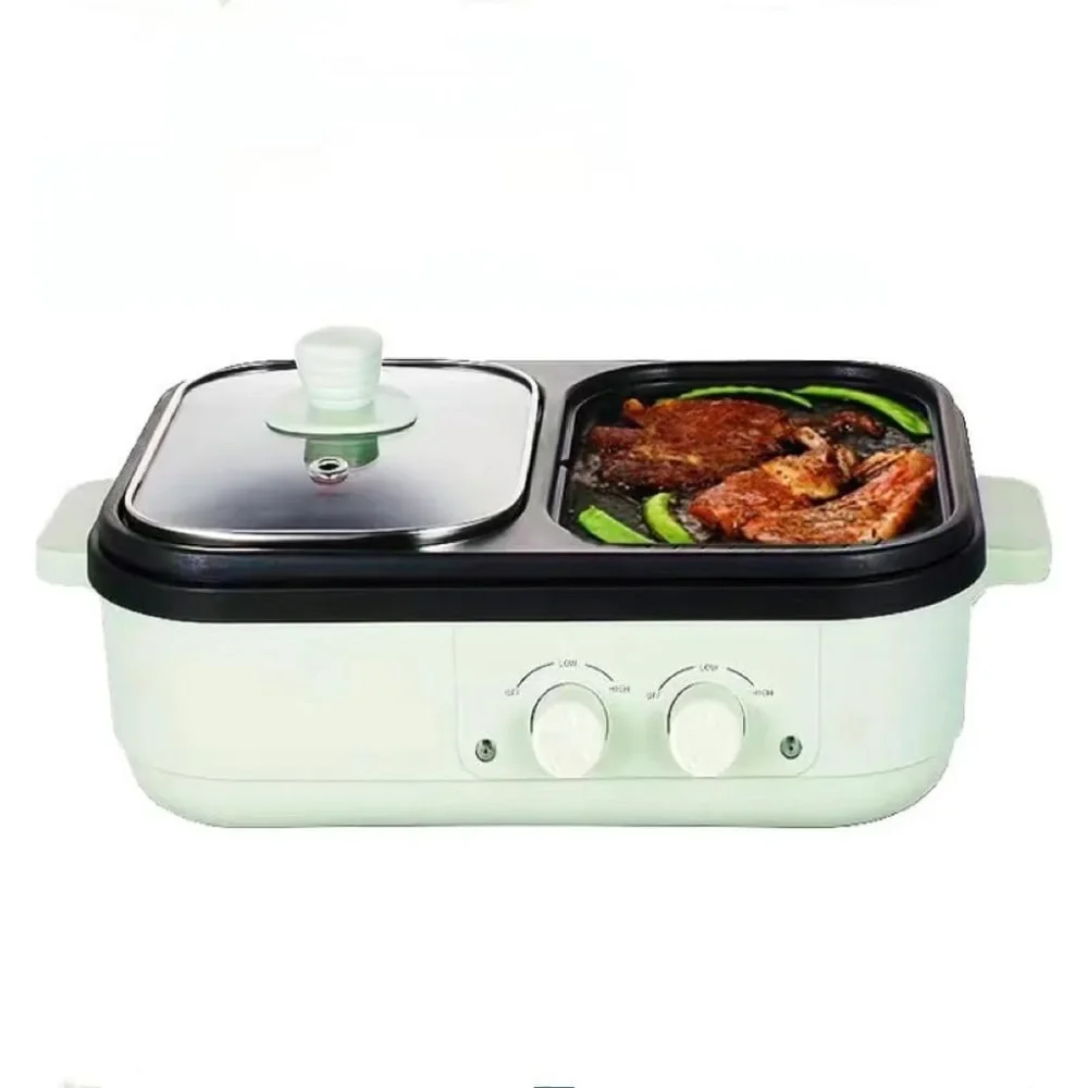 Electric Steak Grill, 110V Portable BBQ Hot Pot Barbecue Frying Soup Shabu Pot Separate Temperature Control, 2 in 1 Steak Grill