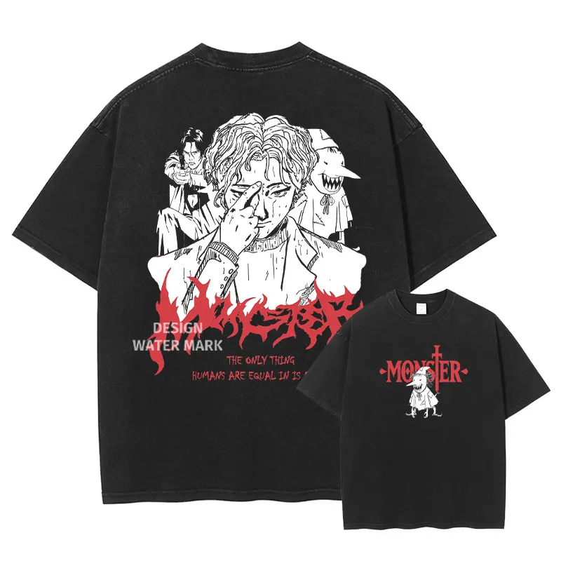 Anime monstro t camisaiebert johan vintage lavado topos camisetas mangá gráfico manga curta camiseta harajuku roupas masculinas de algodão
