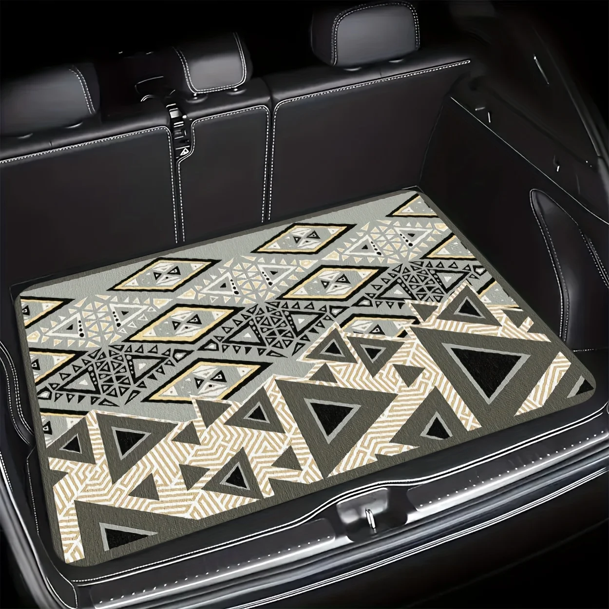 Crystal Velvet + Dotted Plastic Base Car Trunk Mat, Brown And Black Geometric Vintage Ethnic Print Trunk Liner, Fits Multiple Ca