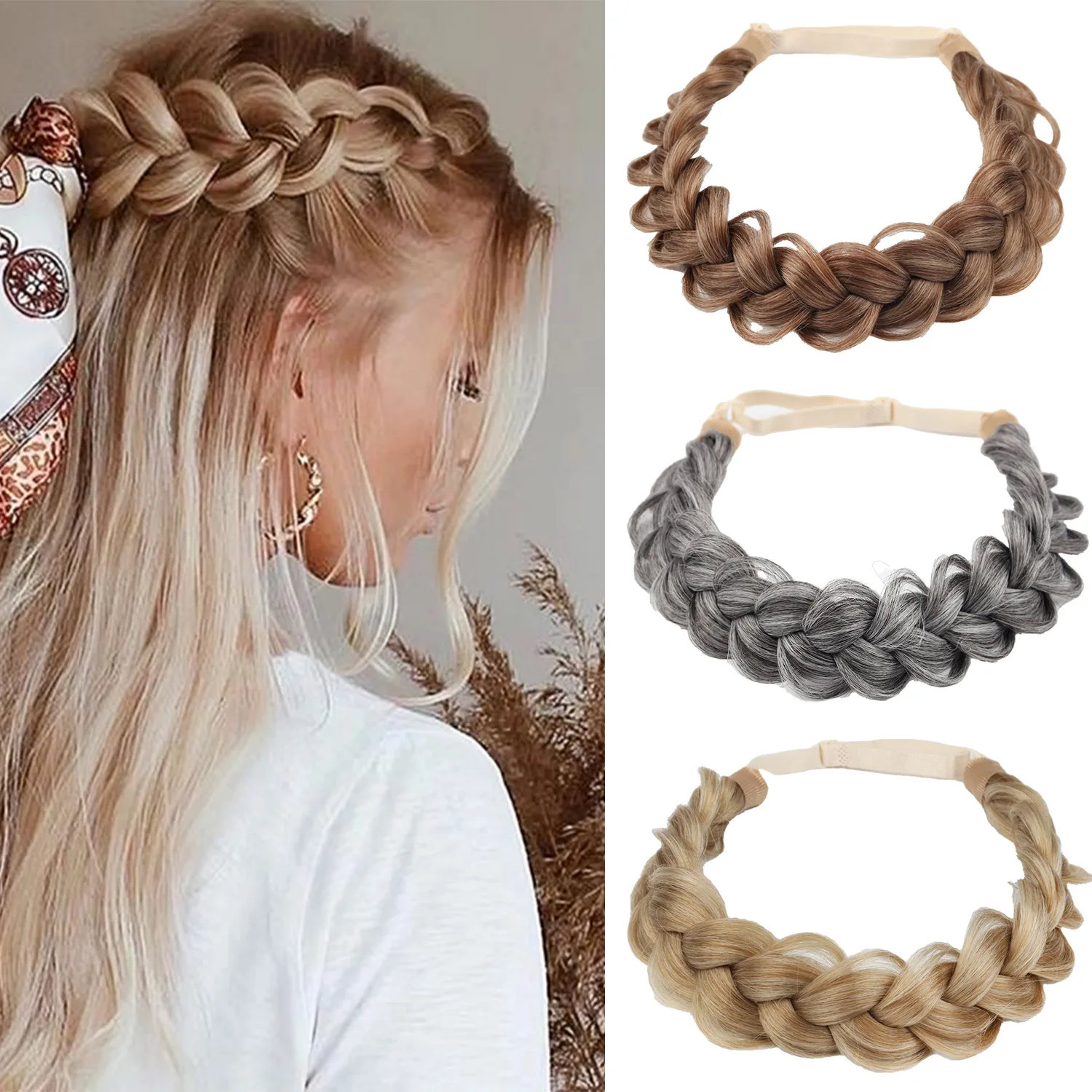1PCS Synthetic Hair Braided Headband Adjustable Handmade Braided Elastic Band Fashion Braids Elastic Stretch Hairpiece for Women