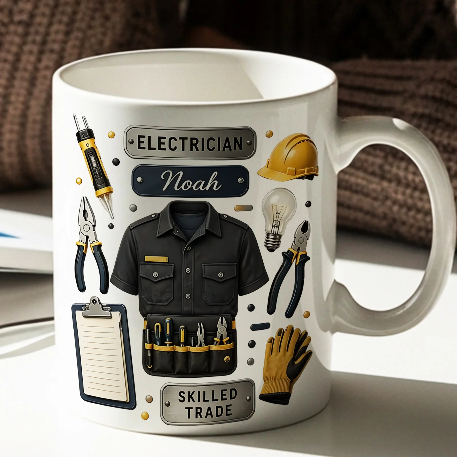 Personalized Electrician Coffee Mug Custom Tool Pattern Ceramic Cup Dishwasher Safe Reusable Gift for Dad Husband Worker
