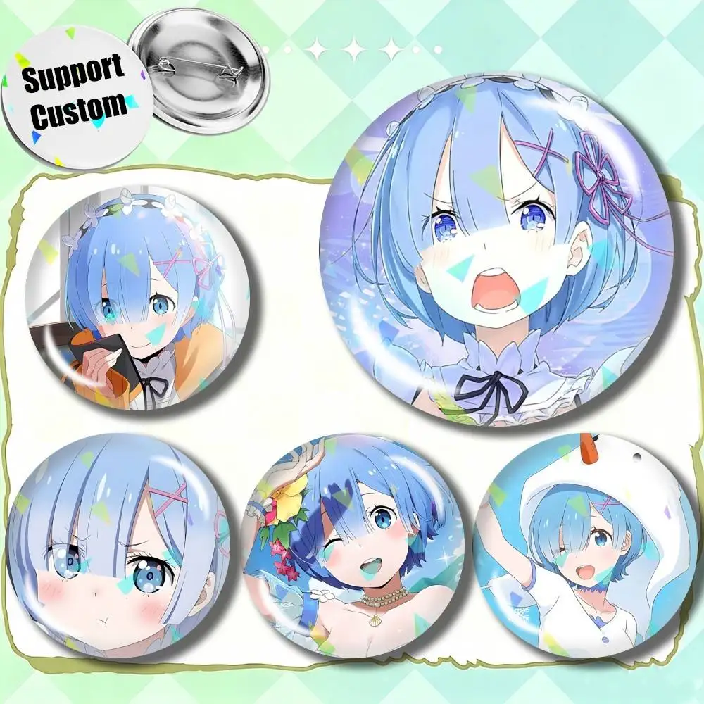 Broches Redondos Personalizables Oni Maid Rem Re Zero-S4, Insignias Personalizadas con Diseño de Cristal Roto, Accesorio de Moda