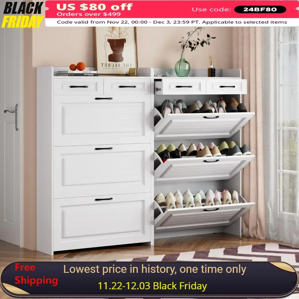 

Shoe Cabinets Set of 2 with 3 Flip Drawers & 2 Slide Drawers, Adjustable Shelves, Wood Freestanding Narrow Shoe Cabinets