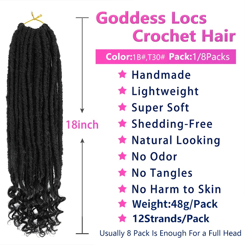 6Packs Goddess Locs Gehaakt Haar 18 Inch Recht Faux Locs Gehaakt Haar voor Vrouwen, Synthetisch Gehaakt Voorgelust Krullend Haar