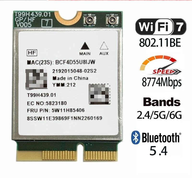 2026 MediaTek MT7927 Filogic 380 Wi‑Fi 7 802.11BE トライバンド 2.4G/5G/6G 8774Mbps Bluetooth 5.4 M.2 PCIe WLAN カード