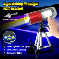 Zoom LED Flashlight 5 Light Sources Blue/White/UV/Yellow/Red Light USB Charging Waterproof Night Fishing Lamp with Bracket