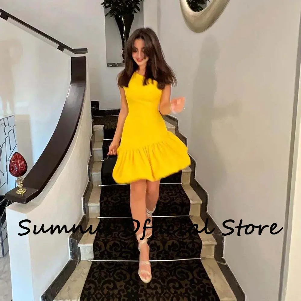 Sumnus Yellow Mini Mermaid Evening Dresses One Shoulder Pleated Asymmetric Short Cocktail Party Dress Robe de Soiree Customized