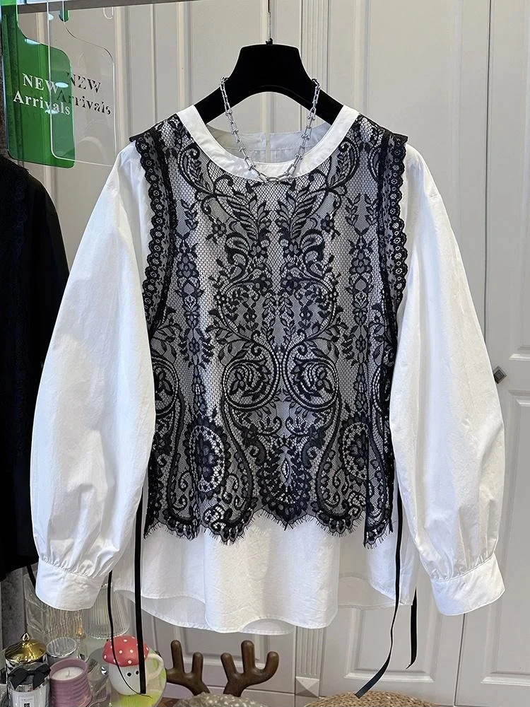 Spring Autumn Two Piece Lace Vest Shirt Women's Shirt Round Neck Loose And Lightweight Ladies Tops Suit