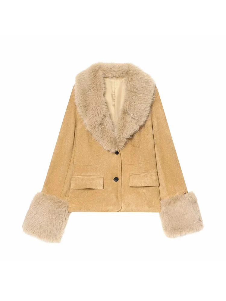 Женская новая стильная куртка из искусственного меха, женское однотонное пальто с лацканами и длинными рукавами, карманами на пуговицах, осенне-зимняя повседневная женская верхняя одежда