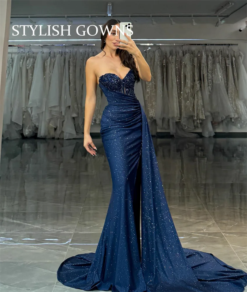 

Stylish Customized Blue Sweetheart Glitter Prom Dress Mermaid Sleeveless vestidos de noiva Draped Floor-Length Formal Evening