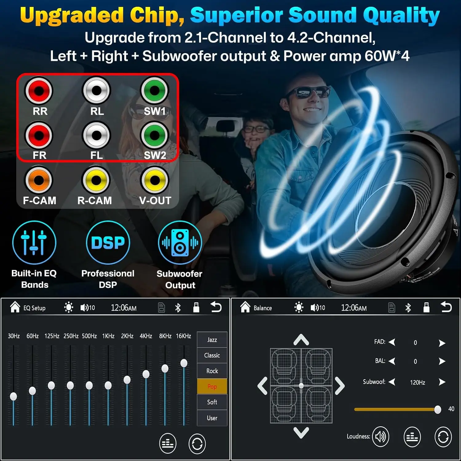 7인치 더블 딘 카 스테레오, 무선 카플레이, 안드로이드 오토, HD 터치스크린, 후방 카메라, 블루투스 5.0, FM/AM 라디오