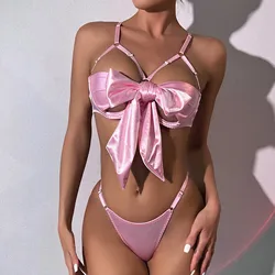 Bowknot Hollow Out Lingerie Set Women Solid Color Bow Cage Bra+Thong G-String Bdsm Underwear Sexy Porn Bra Sets Erotic Costumes